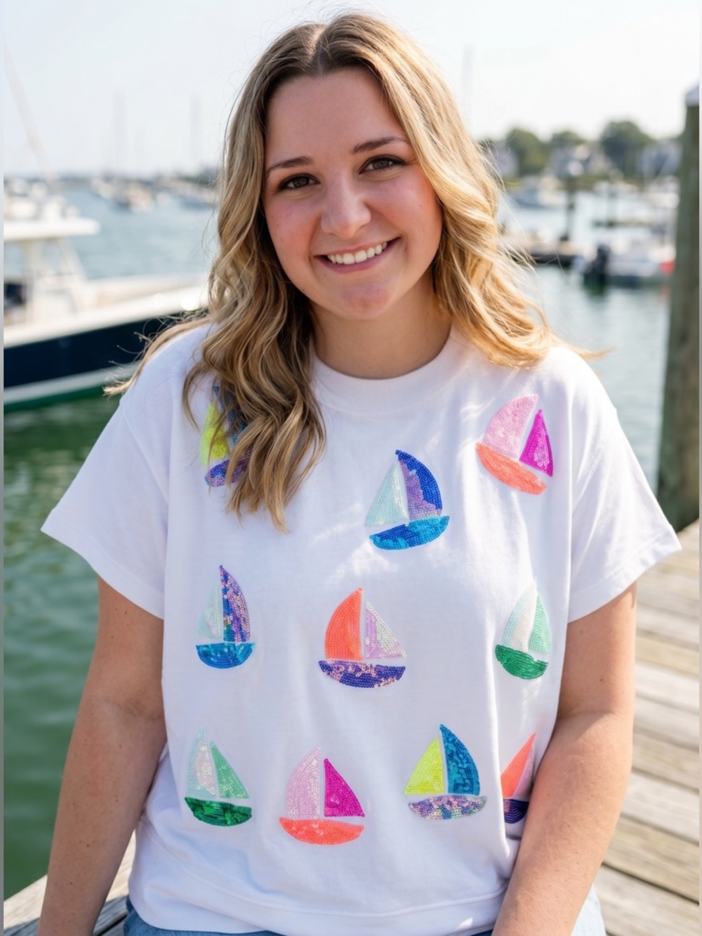 Mary Square White Sequin Sailboat Graphic Short Sleeve Tee